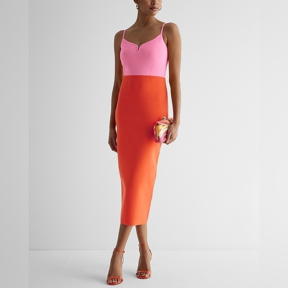 Express Body Contour V-Wire Color Block Midi Sweater Dress Large - Picture 6 of 16